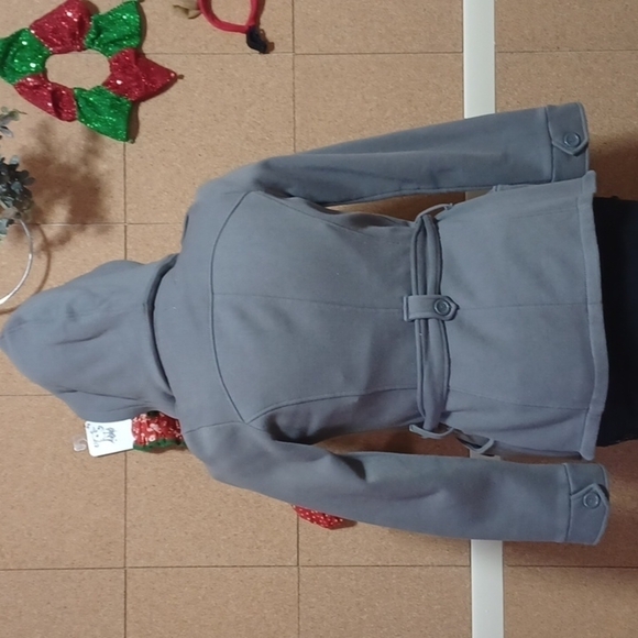 Glimmer by J.J. Basics Gray Button Down Coat with Hood Size Med - Picture 5 of 8
